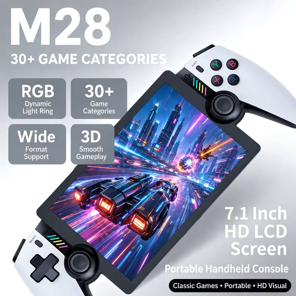 M28 Retro Handheld Game Console, 7.1 inch LCD HD Screen 30+ Emulators, 128G 4000mAh PS2 3D Dual Analog Stick God of War Classic